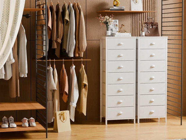 Alt view image 6 of 7 - White Tall Dresser for Bedroom, Chest of Drawer with Fabric Drawer | Tall Skinny Dresser with 7 Drawers, Metal Frame, Wooden Top, Dorm Vertical Closet, Bedside Furniture in Living Room