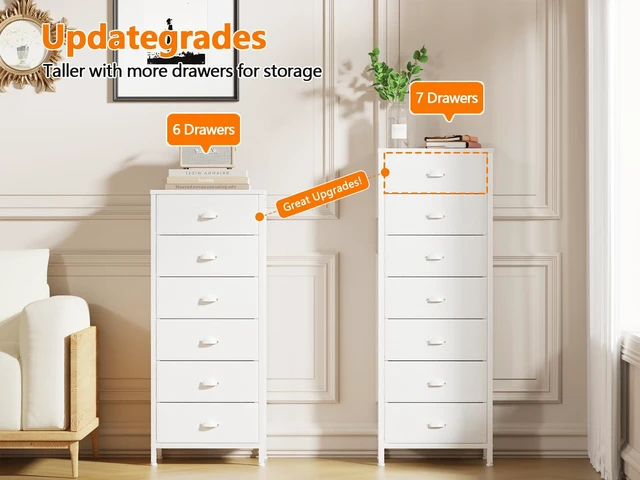 Alt view image 7 of 7 - White Tall Dresser for Bedroom, Chest of Drawer with Fabric Drawer | Tall Skinny Dresser with 7 Drawers, Metal Frame, Wooden Top, Dorm Vertical Closet, Bedside Furniture in Living Room