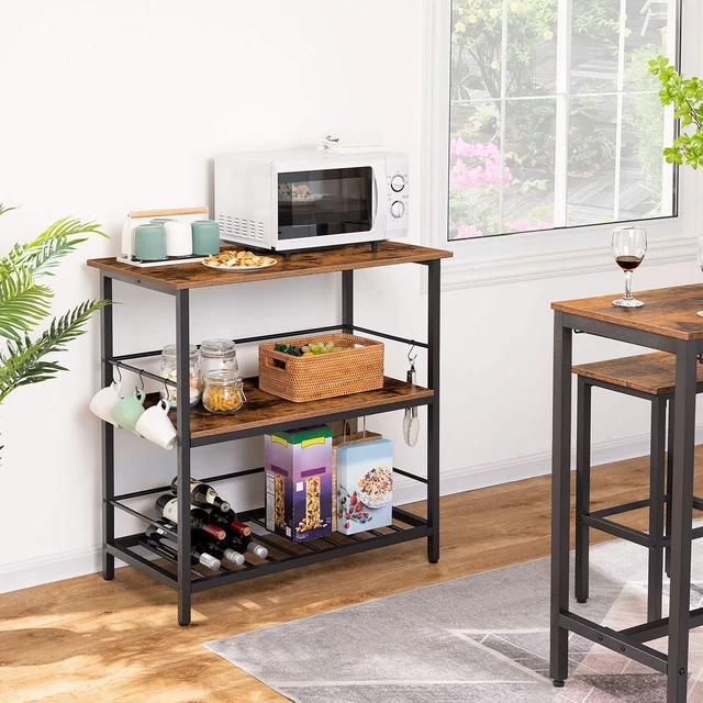 Alt view image 2 of 7 - Kitchen Island with Wine Rack, Industrial Island Counter with Hooks and Protective Rails, 3 Tier Kitchen Shelf with Large Workstation, Easy Assembly, Rustic Brown BF02ZD01