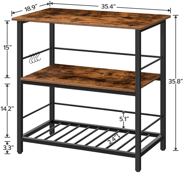 Alt view image 3 of 7 - Kitchen Island with Wine Rack, Industrial Island Counter with Hooks and Protective Rails, 3 Tier Kitchen Shelf with Large Workstation, Easy Assembly, Rustic Brown BF02ZD01