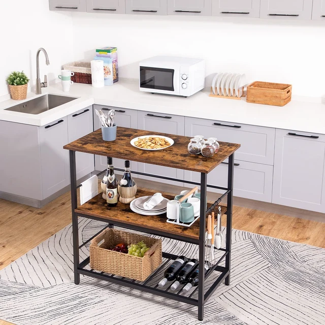 Alt view image 4 of 7 - Kitchen Island with Wine Rack, Industrial Island Counter with Hooks and Protective Rails, 3 Tier Kitchen Shelf with Large Workstation, Easy Assembly, Rustic Brown BF02ZD01