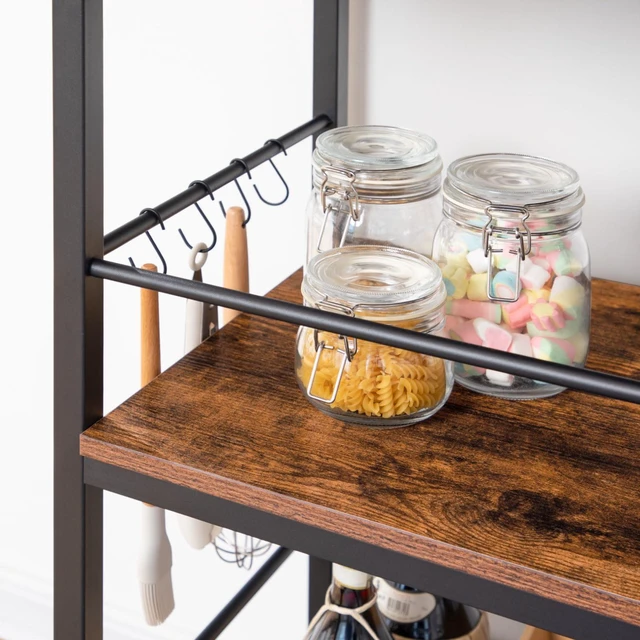 Alt view image 7 of 7 - Kitchen Island with Wine Rack, Industrial Island Counter with Hooks and Protective Rails, 3 Tier Kitchen Shelf with Large Workstation, Easy Assembly, Rustic Brown BF02ZD01