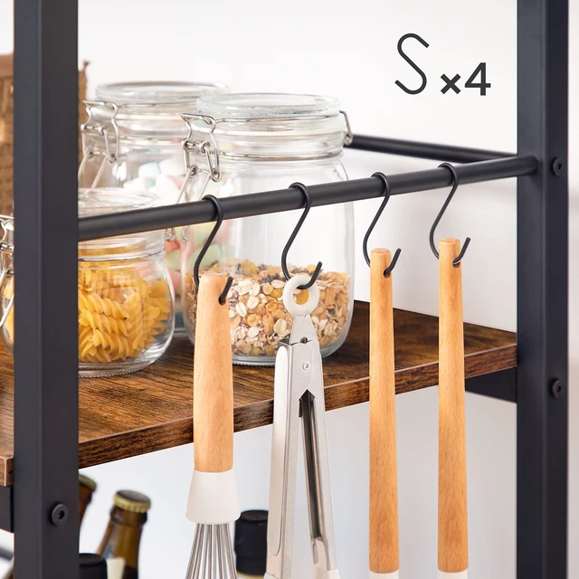 Alt view image 5 of 7 - Kitchen Island with Wine Rack, Industrial Island Counter with Hooks and Protective Rails, 3 Tier Kitchen Shelf with Large Workstation, Easy Assembly, Rustic Brown BF02ZD01