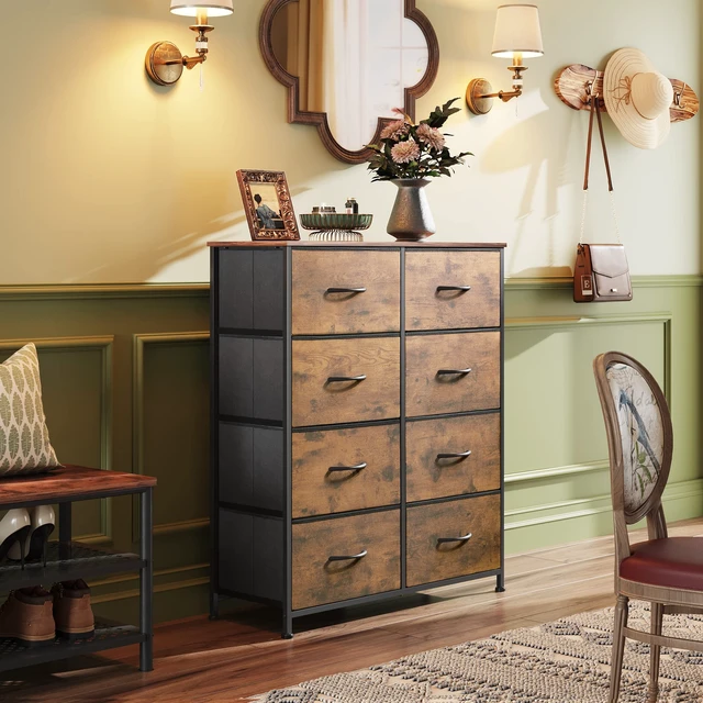 Alt view image 3 of 6 - 8 Drawer Fabric Dresser for Bedroom, Tall Storage Tower, Rustic Brown | 8-drawer tall storage tower with fabric bins and wood tabletop, breathable non-woven, perfect for bedroom closet dorm