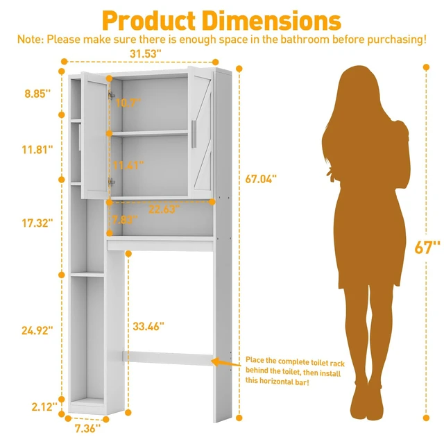 Alt view image 2 of 7 - Over The Toilet Storage Cabinet with 7 Storage Shelves, Above Toilet Bathroom Organizer with Toilet Paper Holder Stand, Behind Toilet Cabinet, Space Saver for Restroom, Bathroom, Laundry, White