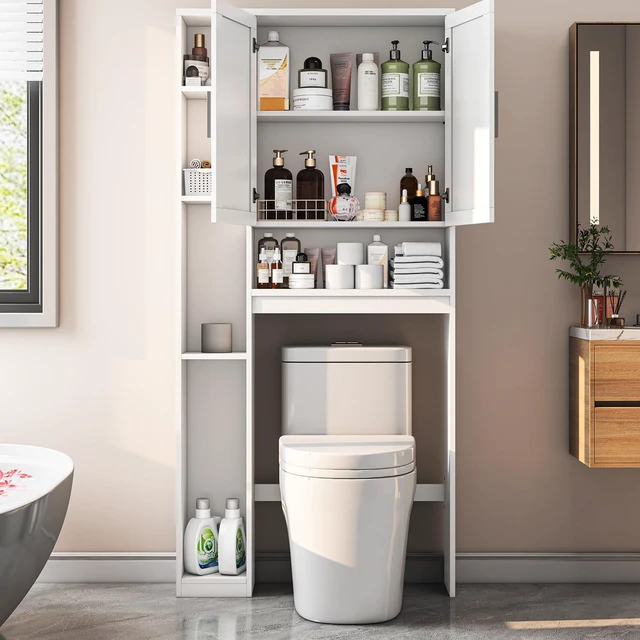 Alt view image 3 of 7 - Over The Toilet Storage Cabinet with 7 Storage Shelves, Above Toilet Bathroom Organizer with Toilet Paper Holder Stand, Behind Toilet Cabinet, Space Saver for Restroom, Bathroom, Laundry, White