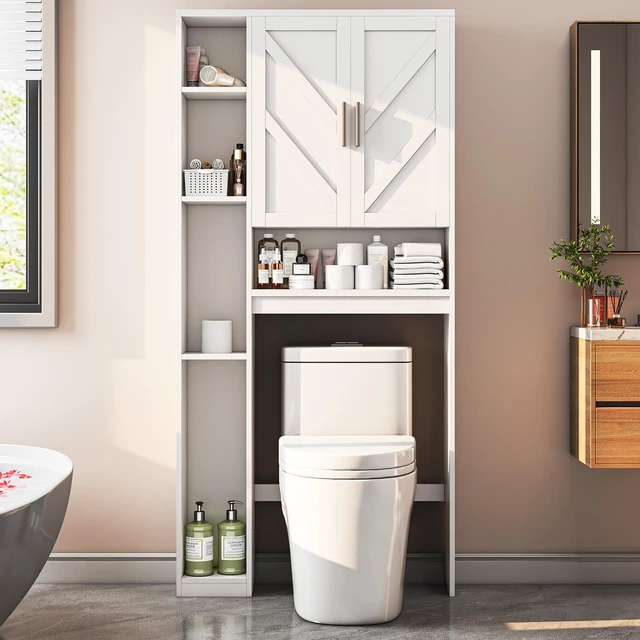 Alt view image 5 of 7 - Over The Toilet Storage Cabinet with 7 Storage Shelves, Above Toilet Bathroom Organizer with Toilet Paper Holder Stand, Behind Toilet Cabinet, Space Saver for Restroom, Bathroom, Laundry, White