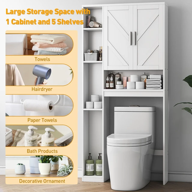 Alt view image 6 of 7 - Over The Toilet Storage Cabinet with 7 Storage Shelves, Above Toilet Bathroom Organizer with Toilet Paper Holder Stand, Behind Toilet Cabinet, Space Saver for Restroom, Bathroom, Laundry, White