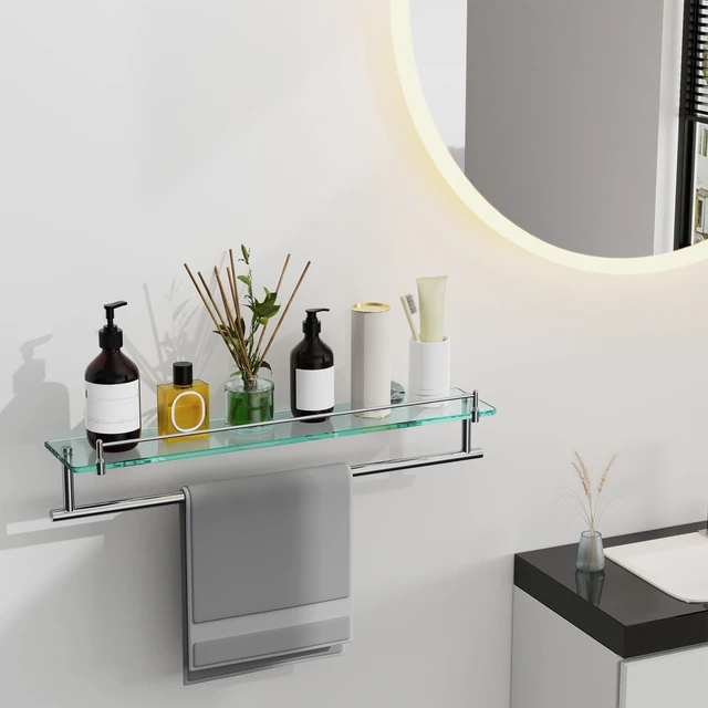 Alt view image 2 of 6 - 24-Inch Towel Rack with Shelves Tempered Glass Bathroom Shelves with Bar - Chrome Polished Modern Stainless Steel, Wall Mount Rustproof Tower Rail