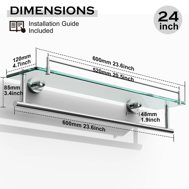 Alt view image 3 of 6 - 24-Inch Towel Rack with Shelves Tempered Glass Bathroom Shelves with Bar - Chrome Polished Modern Stainless Steel, Wall Mount Rustproof Tower Rail