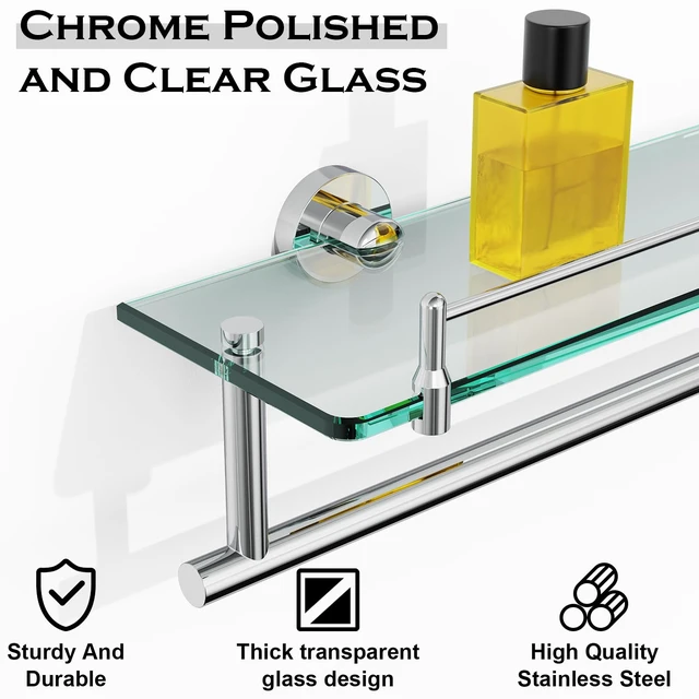 Alt view image 5 of 6 - 24-Inch Towel Rack with Shelves Tempered Glass Bathroom Shelves with Bar - Chrome Polished Modern Stainless Steel, Wall Mount Rustproof Tower Rail