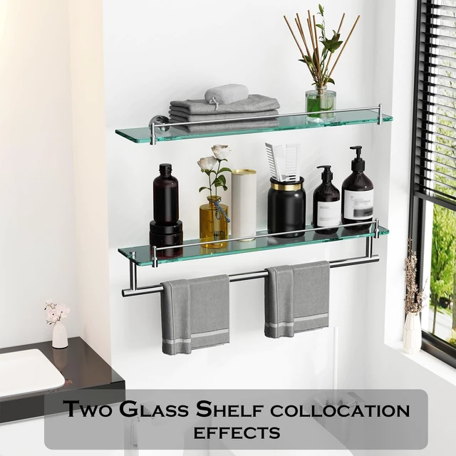 Alt view image 6 of 6 - 24-Inch Towel Rack with Shelves Tempered Glass Bathroom Shelves with Bar - Chrome Polished Modern Stainless Steel, Wall Mount Rustproof Tower Rail