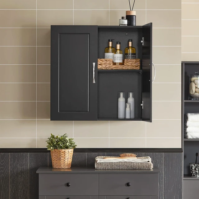 Alt view image 2 of 7 - Bathroom Kitchen Wall Cabinet, Garage or Laundry Room Storage Medicine Cabinet, Linen Tower Bath Cabine with Shelf, Black FRG231-SCH