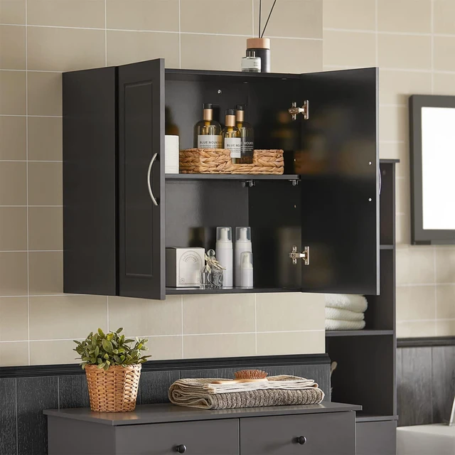 Alt view image 4 of 7 - Bathroom Kitchen Wall Cabinet, Garage or Laundry Room Storage Medicine Cabinet, Linen Tower Bath Cabine with Shelf, Black FRG231-SCH