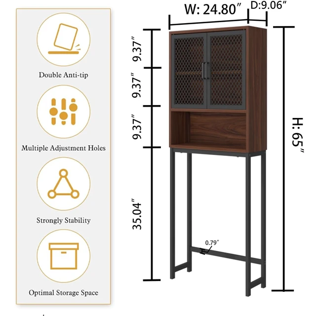 Alt view image 2 of 7 - 65 Inch Over The Toilet Storage Cabinet Wood and Metal Walnut | Over Toilet Bathroom Organizer with Mesh Doors and Shelves Freestanding Bathroom Storage Cabinet Above Toilet