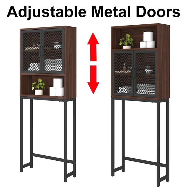 Alt view image 5 of 7 - 65 Inch Over The Toilet Storage Cabinet Wood and Metal Walnut | Over Toilet Bathroom Organizer with Mesh Doors and Shelves Freestanding Bathroom Storage Cabinet Above Toilet