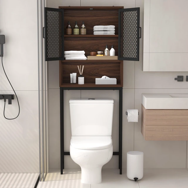 Alt view image 3 of 7 - 65 Inch Over The Toilet Storage Cabinet Wood and Metal Walnut | Over Toilet Bathroom Organizer with Mesh Doors and Shelves Freestanding Bathroom Storage Cabinet Above Toilet