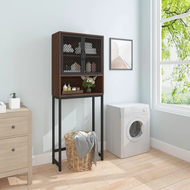 Alt view image 6 of 7 - 65 Inch Over The Toilet Storage Cabinet Wood and Metal Walnut | Over Toilet Bathroom Organizer with Mesh Doors and Shelves Freestanding Bathroom Storage Cabinet Above Toilet