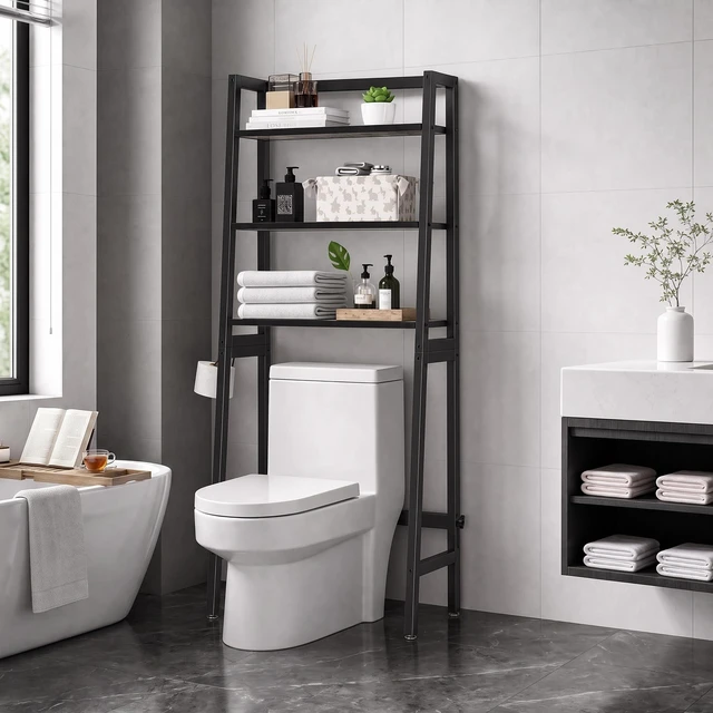 Main image of Over-The-Toilet Storage Rack, Wooden 3-Tier Over-The-Toilet Storage Rack Bathroom Space Saver Organizer, Freestanding Above Toilet with Toilet Paper Holder and Hooks (Black)