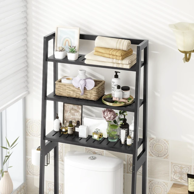 Alt view image 2 of 7 - Over-The-Toilet Storage Rack, Wooden 3-Tier Over-The-Toilet Storage Rack Bathroom Space Saver Organizer, Freestanding Above Toilet with Toilet Paper Holder and Hooks (Black)