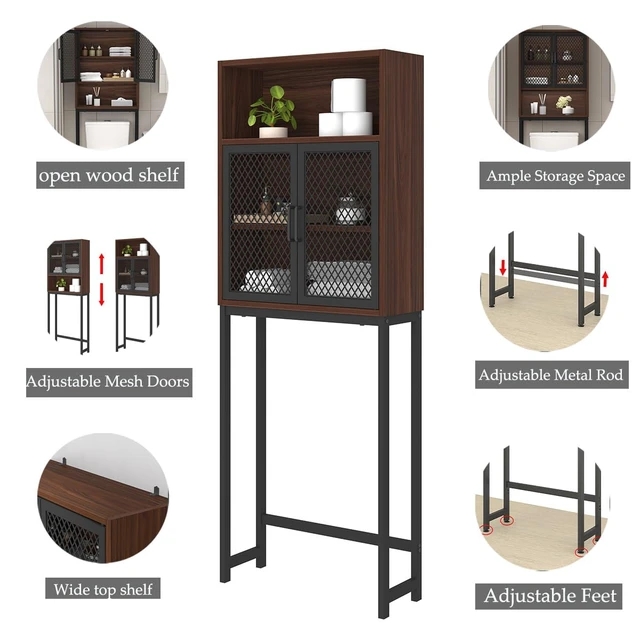 Alt view image 7 of 7 - 65 Inch Over The Toilet Storage Cabinet Wood and Metal Walnut | Over Toilet Bathroom Organizer with Mesh Doors and Shelves Freestanding Bathroom Storage Cabinet Above Toilet