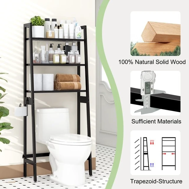 Alt view image 4 of 7 - Over-The-Toilet Storage Rack, Wooden 3-Tier Over-The-Toilet Storage Rack Bathroom Space Saver Organizer, Freestanding Above Toilet with Toilet Paper Holder and Hooks (Black)