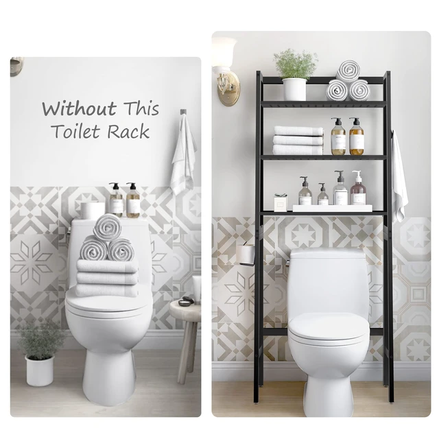 Alt view image 6 of 7 - Over-The-Toilet Storage Rack, Wooden 3-Tier Over-The-Toilet Storage Rack Bathroom Space Saver Organizer, Freestanding Above Toilet with Toilet Paper Holder and Hooks (Black)