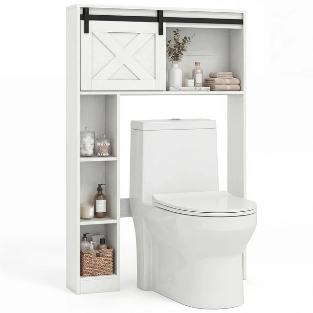 Main image of Over The Toilet Storage Cabinet - Freestanding Bathroom Organizer with Sliding Barn Door & Storage Shelves, Multifunctional Bathroom Toilet Rack for Bathroom, Restroom, Laundry (White)