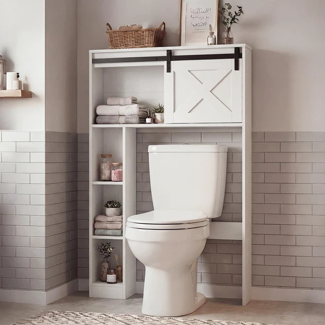 Alt view image 2 of 7 - Over The Toilet Storage Cabinet - Freestanding Bathroom Organizer with Sliding Barn Door & Storage Shelves, Multifunctional Bathroom Toilet Rack for Bathroom, Restroom, Laundry (White)