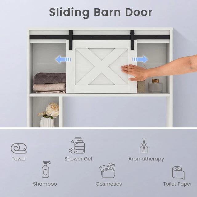Alt view image 3 of 7 - Over The Toilet Storage Cabinet - Freestanding Bathroom Organizer with Sliding Barn Door & Storage Shelves, Multifunctional Bathroom Toilet Rack for Bathroom, Restroom, Laundry (White)