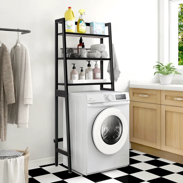 Alt view image 7 of 7 - Over-The-Toilet Storage Rack, Wooden 3-Tier Over-The-Toilet Storage Rack Bathroom Space Saver Organizer, Freestanding Above Toilet with Toilet Paper Holder and Hooks (Black)
