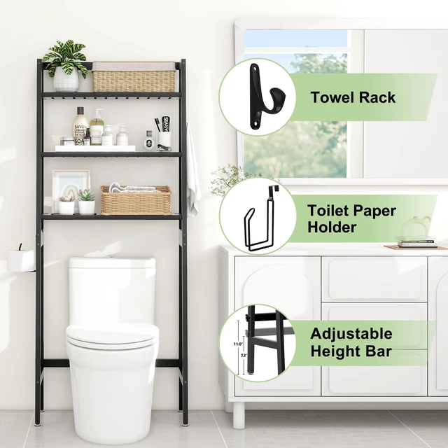 Alt view image 5 of 7 - Over-The-Toilet Storage Rack, Wooden 3-Tier Over-The-Toilet Storage Rack Bathroom Space Saver Organizer, Freestanding Above Toilet with Toilet Paper Holder and Hooks (Black)