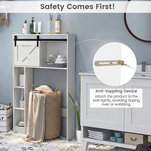 Alt view image 5 of 7 - Over The Toilet Storage Cabinet - Freestanding Bathroom Organizer with Sliding Barn Door & Storage Shelves, Multifunctional Bathroom Toilet Rack for Bathroom, Restroom, Laundry (White)