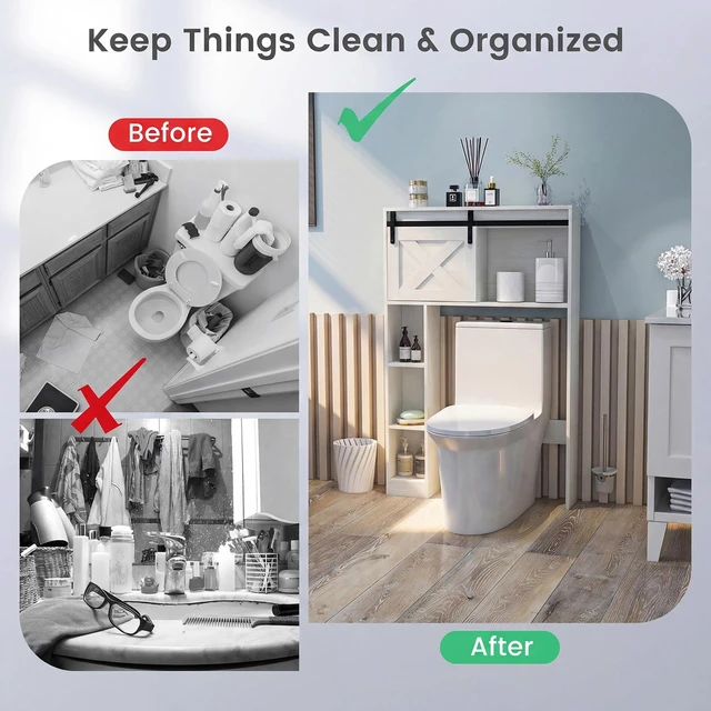Alt view image 6 of 7 - Over The Toilet Storage Cabinet - Freestanding Bathroom Organizer with Sliding Barn Door & Storage Shelves, Multifunctional Bathroom Toilet Rack for Bathroom, Restroom, Laundry (White)