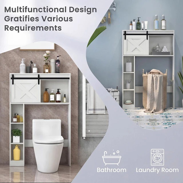 Alt view image 7 of 7 - Over The Toilet Storage Cabinet - Freestanding Bathroom Organizer with Sliding Barn Door & Storage Shelves, Multifunctional Bathroom Toilet Rack for Bathroom, Restroom, Laundry (White)
