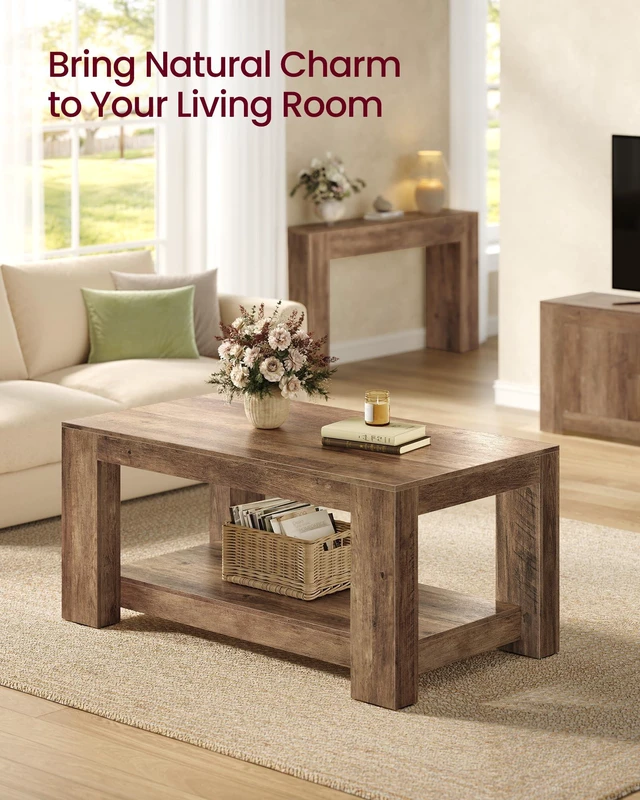 Alt view image 2 of 6 - Coffee Table, 2-Tier Center Table with Rustic Charm and Clean Lines | Farmhouse Style, for Living Room, 21.7 x 39.4 x 17.7 in, Honey Brown, Koni Collection ULCT270K101