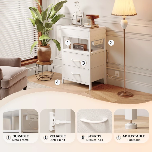 Alt view image 7 of 7 - Nightstand with Lockable Hidden Compartment, 2 Drawers, White | Sliding Top Storage, Charging Station, 2 AC Outlets, 2 USB Ports, a USB-C Port, Fabric Drawers, Bedroom, Dorm, Living Room