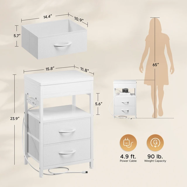 Alt view image 2 of 7 - Nightstand with Lockable Hidden Compartment, 2 Drawers, White | Sliding Top Storage, Charging Station, 2 AC Outlets, 2 USB Ports, a USB-C Port, Fabric Drawers, Bedroom, Dorm, Living Room