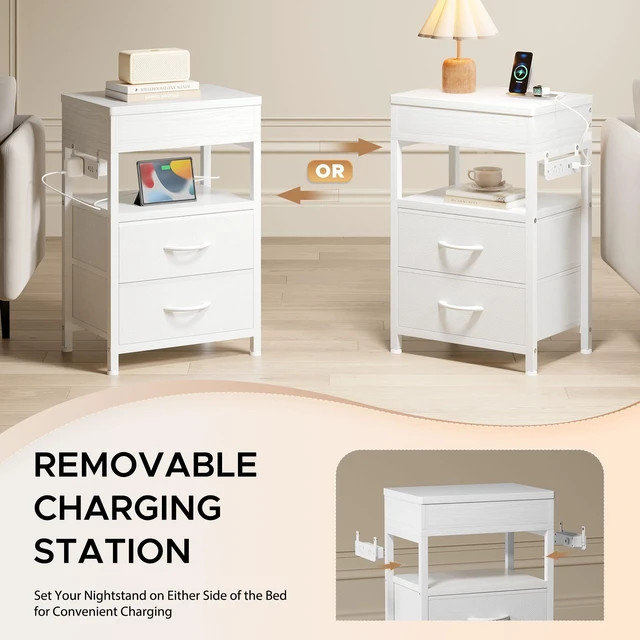 Alt view image 3 of 7 - Nightstand with Lockable Hidden Compartment, 2 Drawers, White | Sliding Top Storage, Charging Station, 2 AC Outlets, 2 USB Ports, a USB-C Port, Fabric Drawers, Bedroom, Dorm, Living Room