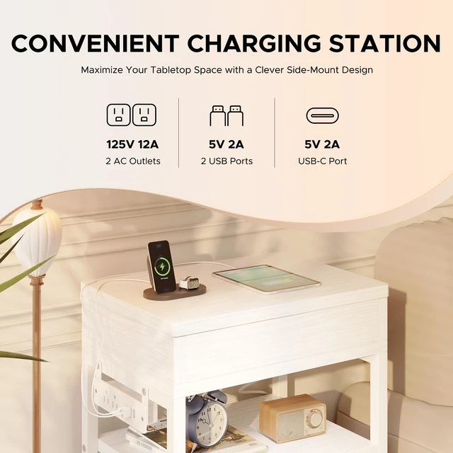 Alt view image 5 of 7 - Nightstand with Lockable Hidden Compartment, 2 Drawers, White | Sliding Top Storage, Charging Station, 2 AC Outlets, 2 USB Ports, a USB-C Port, Fabric Drawers, Bedroom, Dorm, Living Room