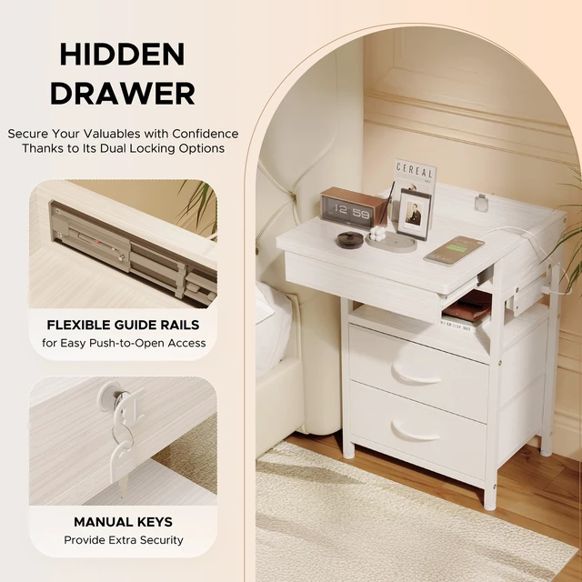Alt view image 4 of 7 - Nightstand with Lockable Hidden Compartment, 2 Drawers, White | Sliding Top Storage, Charging Station, 2 AC Outlets, 2 USB Ports, a USB-C Port, Fabric Drawers, Bedroom, Dorm, Living Room