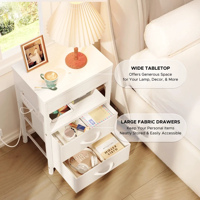 Alt view image 6 of 7 - Nightstand with Lockable Hidden Compartment, 2 Drawers, White | Sliding Top Storage, Charging Station, 2 AC Outlets, 2 USB Ports, a USB-C Port, Fabric Drawers, Bedroom, Dorm, Living Room