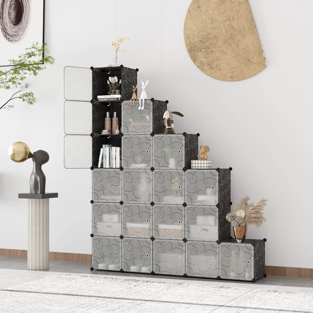 Alt view image 4 of 7 - 20-Cube Storage Organizer with Door Platic Closet Organizer Black | Modular Bookshelf, Storage Shelving, Portable Shelves Organizing Units Ideal for Bedroom, Home