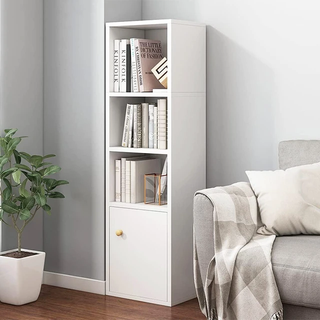 Main image of Narrow Corner Bookcase with Door - White 47" Tall Gap Storage Cabinet | Modern Minimalist Style, MDF Material, Adjustable Shelves, 4 Cubes Open Bookshelf, Floor Tower Rack, Space-Saving Organizer