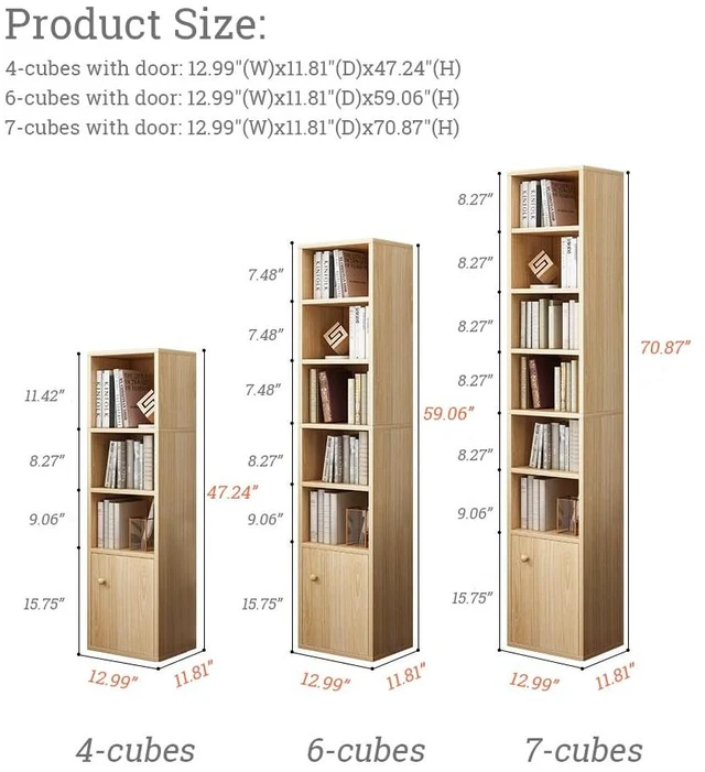Alt view image 5 of 7 - Narrow Corner Bookcase with Door - White 47" Tall Gap Storage Cabinet | Modern Minimalist Style, MDF Material, Adjustable Shelves, 4 Cubes Open Bookshelf, Floor Tower Rack, Space-Saving Organizer
