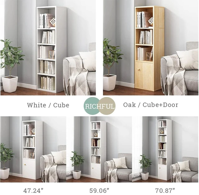 Alt view image 7 of 7 - Narrow Corner Bookcase with Door - White 47" Tall Gap Storage Cabinet | Modern Minimalist Style, MDF Material, Adjustable Shelves, 4 Cubes Open Bookshelf, Floor Tower Rack, Space-Saving Organizer