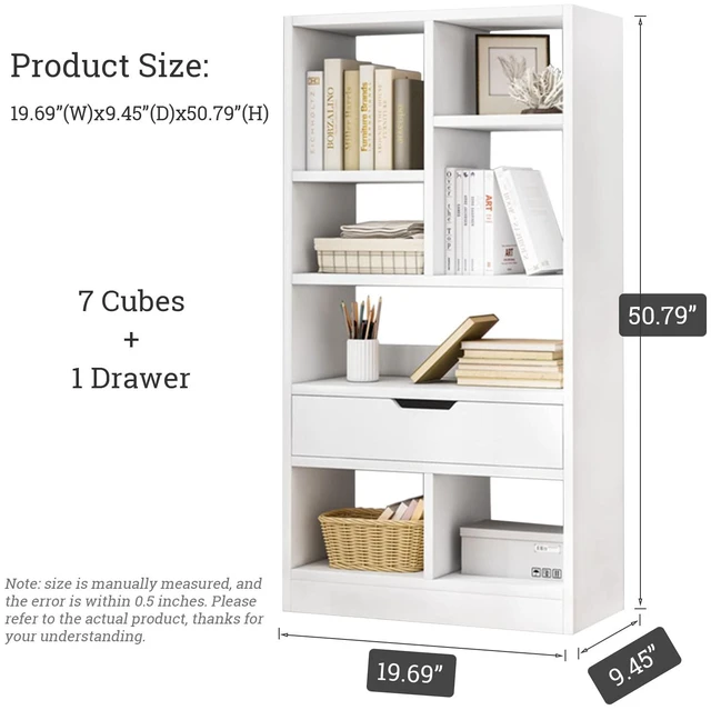 Alt view image 6 of 7 - 51" Tall Open Shelf Bookcase with 7 Cubes and a Drawer, Warm White | Fits Books, Decor, Toys, Storage Cabinet Organizer, Anti-Tip Hardware Prevents Tipping, For Living Room and Bedroom