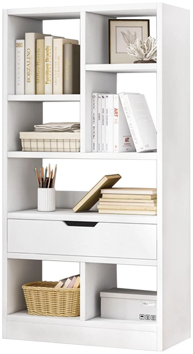 Main image of 51" Tall Open Shelf Bookcase with 7 Cubes and a Drawer, Warm White | Fits Books, Decor, Toys, Storage Cabinet Organizer, Anti-Tip Hardware Prevents Tipping, For Living Room and Bedroom