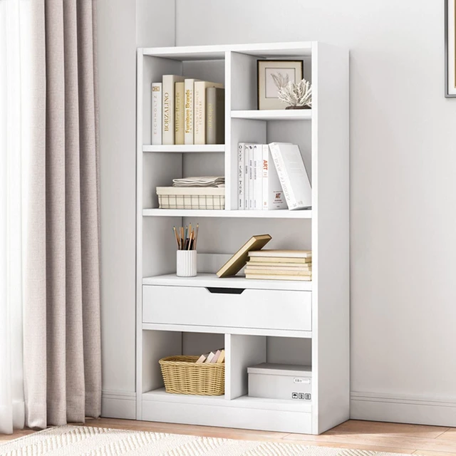 Alt view image 2 of 7 - 51" Tall Open Shelf Bookcase with 7 Cubes and a Drawer, Warm White | Fits Books, Decor, Toys, Storage Cabinet Organizer, Anti-Tip Hardware Prevents Tipping, For Living Room and Bedroom