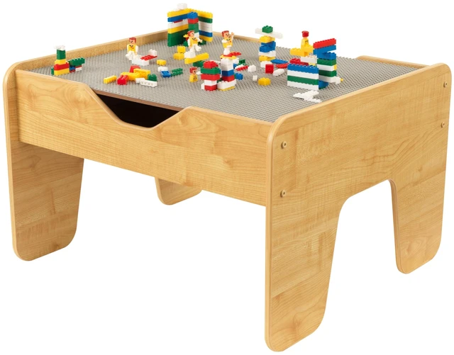 Main image of Reversible Wooden Activity Table with Board with 195 Building Bricks Gray & Natural, Gift for Ages 3+